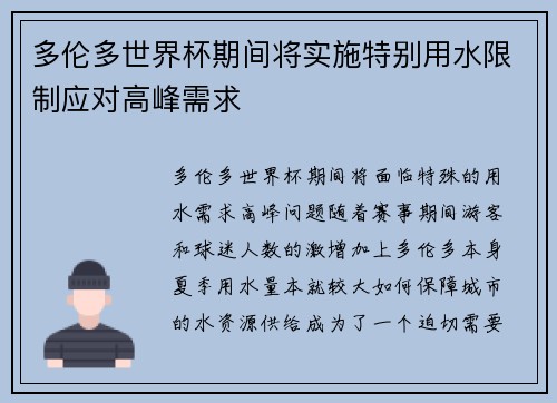 多伦多世界杯期间将实施特别用水限制应对高峰需求